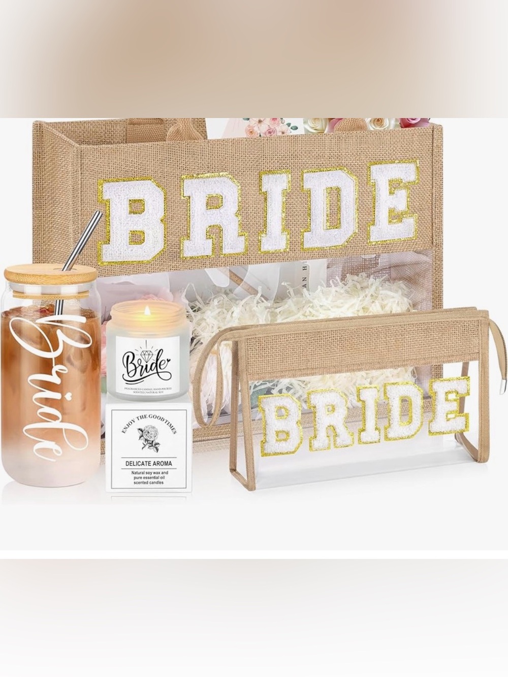 Bride Clear Tote Bag with Burlap Trim and Gold-Outlined White Lettering